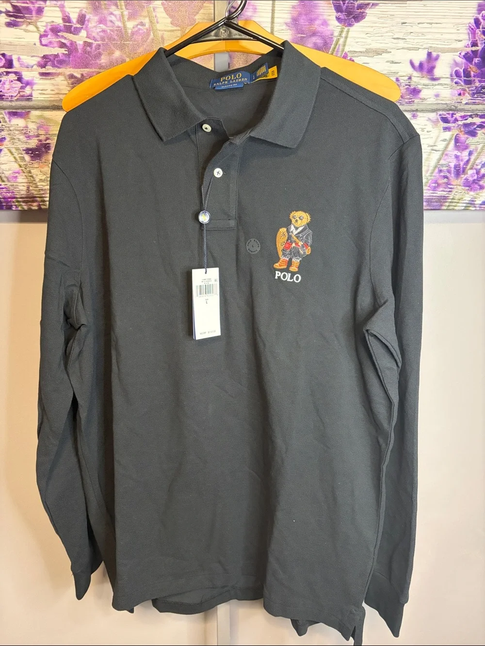 Men’s Polo by Ralph Lauren Black Long-Sleeve Bear Polo Shirt NWT Size L